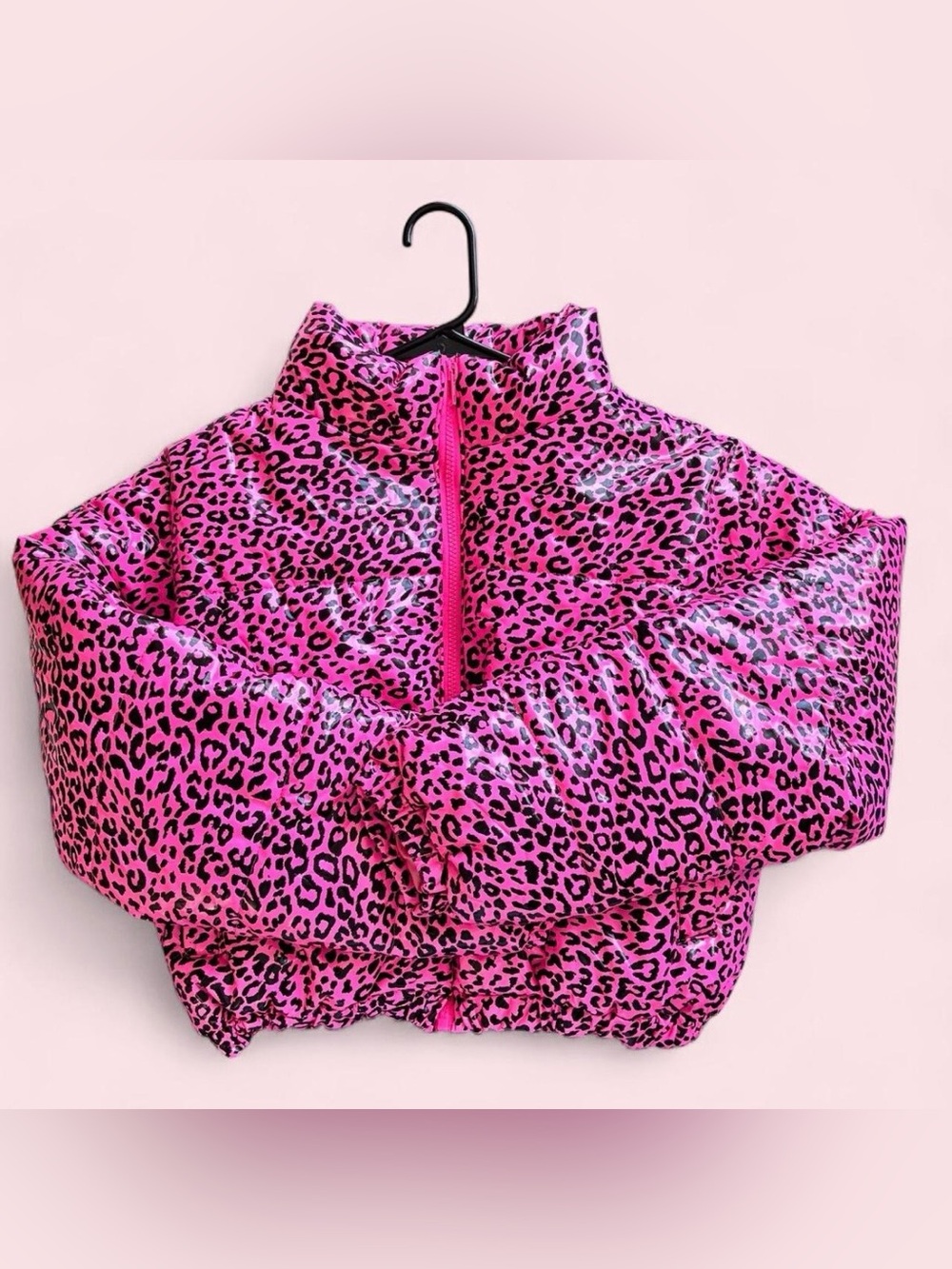 Pink Leopard Print Puffer Jacket - Women's Cropped Puffa